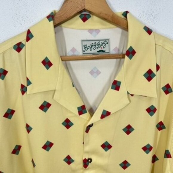 Bogey Boys Yellow Button Up Short Sleeve Retro Geometric Print Casual Golf Shirt - Picture 4 of 7